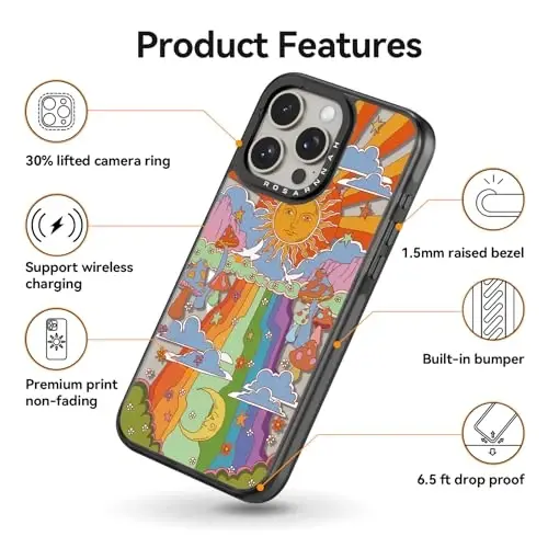 casevivid Магнитный чехол для iPhone 15 Pro Max Magsafe, милый эстетичный, прочный ударопрочный чехол для телефона при падении с высоты 6,6 футов с забавным модным грибом 6,7 дюйма, черный - 5