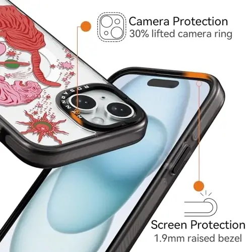 casevivid Магнитный для iPhone 15 Чехол Magsafe Милый эстетичный - Прочный противоударный чехол для телефона с защитой от падения с высоты 6,6 футов с забавным модным тигром 6,1 дюйма, черный - 3