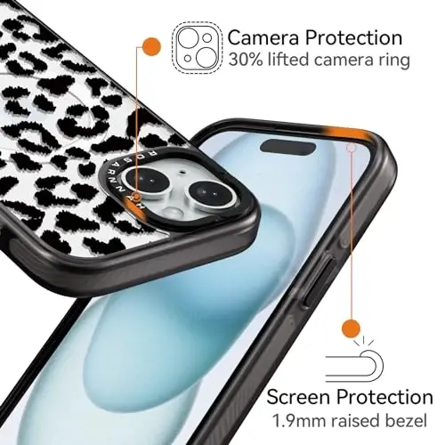 casevivid Магнитный для iPhone 15 Magsafe Чехол Милый Эстетичный - Прочный Ударопрочный Чехол для телефона 6.6 футов при падении и ударе с Забавным Модным Большим Черным Принтом Леопарда 6.1