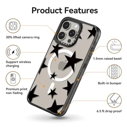 casevivid Магнитный для iPhone 15 Pro Magsafe Чехол Милый Эстетичный - Прочный Противоударный 6.6 футов Защита от падений Чехол для телефона с забавной модной пятиконечной звездой 6.1