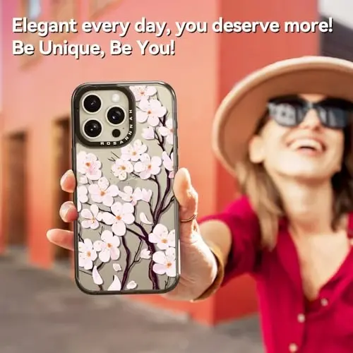 casevivid Совместимо с чехлом для iPhone 15 Pro, милый эстетичный — прочный ударопрочный чехол для телефона при падении с высоты 6,6 футов с забавным модным цветением сакуры 6,1 дюйма, черный 