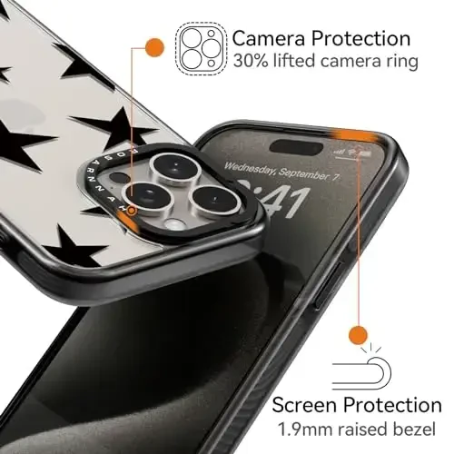 casevivid Совместимый чехол для iPhone 15 Pro Max, милый эстетичный - прочный противоударный чехол для телефона, выдерживающий падение с высоты 2 м, с забавной модной пятиконечной звездой 6,7