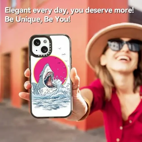 casevivid Совместимый с чехлом для iPhone 15, милый эстетичный — прочный противоударный чехол для телефона с защитой от падения с высоты 6,6 футов, с забавной модной акулой 6,1 дюйма, черный 