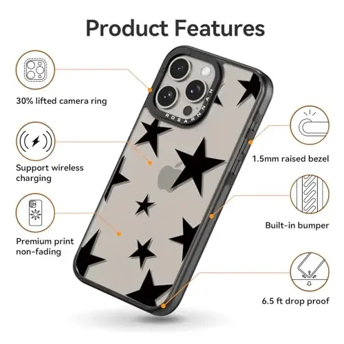 casevivid Совместимый с iPhone 15 Pro Чехол Милый Эстетичный - Прочный Противоударный Чехол для Телефона с Защитой от Падения с высоты 2 м и Забавной Модной Пятиконечной Звездой 6.1