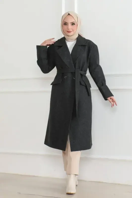 Cashmere Coat - Long Length 115 Cm Double Breasted Collar Belted Lined Winter Modest Coat, Wool Woven Cashmere Fabric, Pocketed Oversize Comfortable Fit Stylish Modern Coat Jacket Model (Suitable For Daily And Special Day Combinations) - Black - 2