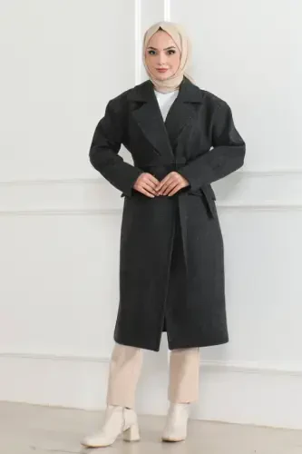 Cashmere Coat - Long Length 115 Cm Double Breasted Collar Belted Lined Winter Modest Coat, Wool Woven Cashmere Fabric, Pocketed Oversize Comfortable Fit Stylish Modern Coat Jacket Model (Suitable For Daily And Special Day Combinations) - Black - 3