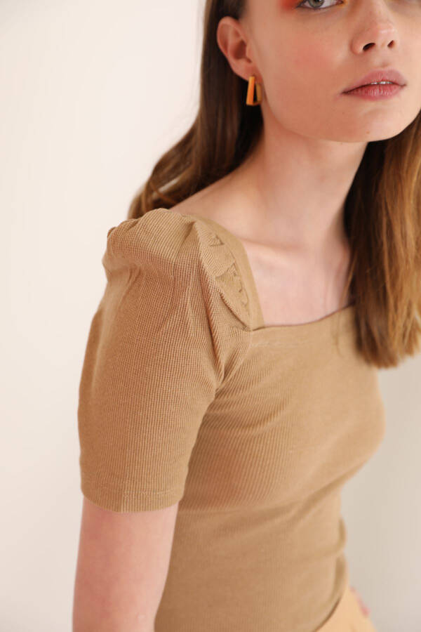 Cashmere Fabric Square Neck Watermelon Sleeve Women's Blouse - Beige - 7