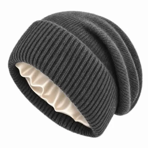 CasModazoneere Blend Satin Lined Beanie Hat Wool Winter Hats for Women Men Cuffed Hat Silk Lining Slouchy Beanie Women Knit Hat 