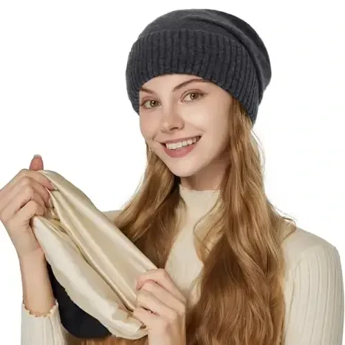 CasModazoneere Blend Satin Lined Beanie Hat Wool Winter Hats for Women Men Cuffed Hat Silk Lining Slouchy Beanie Women Knit Hat - 3