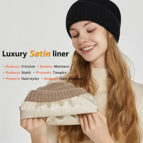 Satin Lined Beanie for Women Winter Hats for Women Men Reduce Frizz & Static Silk Lining Slouchy Beanie Women Knit Hat - SATIN (1)
