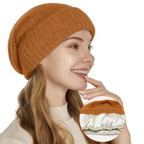 Satin Lined Beanie for Women Winter Hats for Women Men Reduce Frizz & Static Silk Lining Slouchy Beanie Women Knit Hat - SATIN (1)