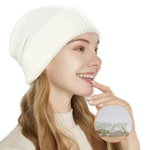 Satin Lined Beanie for Women Winter Hats for Women Men Reduce Frizz & Static Silk Lining Slouchy Beanie Women Knit Hat 