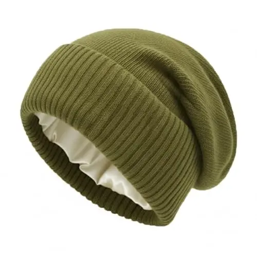 Satin Lined Beanie for Women Winter Hats for Women Men Reduce Frizz & Static Silk Lining Slouchy Beanie Women Knit Hat 