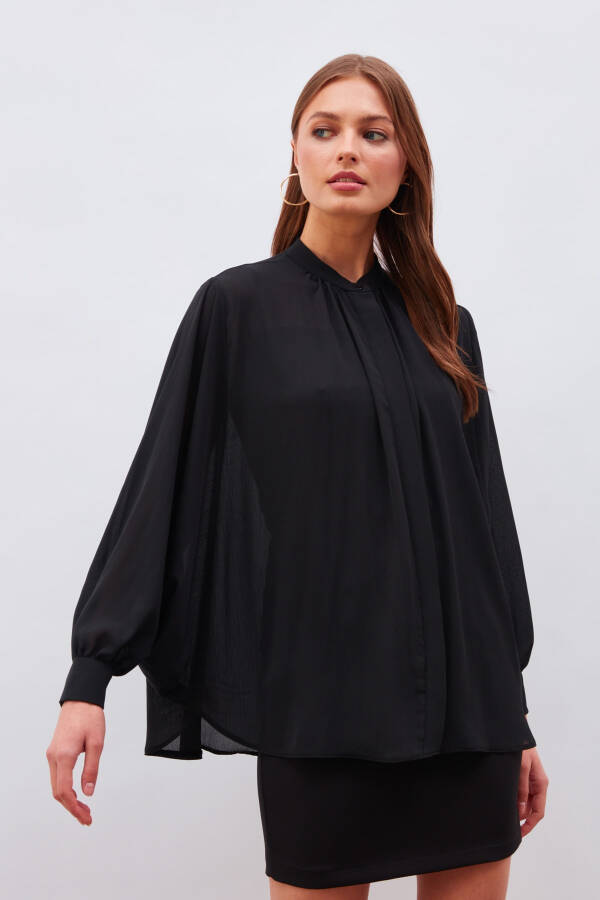 Casual Button-Down Shirt with Mandarin Collar - Black - 8