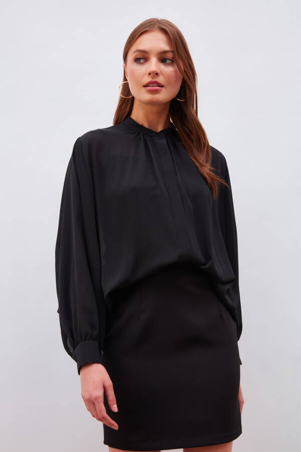 Casual Button-Down Shirt with Mandarin Collar - Black - 10