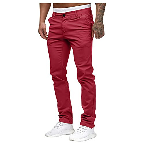 Casual Tie Length Trousers Fashion Men's Casual Slim Pocket Waist Full Mid Pant Solid Men's Chinos Slim Fit - 3