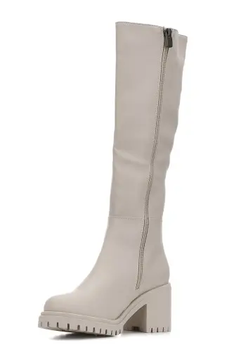 Casual Women's Knee-High Beige Boot, Thick High Tractor Heel, Non-Slip Sole, Zipped, Comfortable 2431 - BEIGE - 7