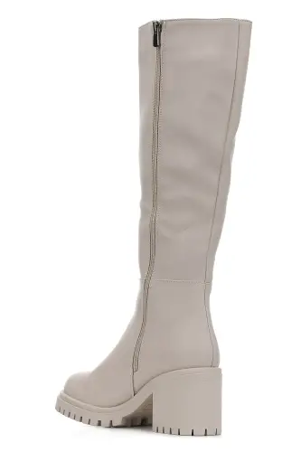 Casual Women's Knee-High Beige Boot, Thick High Tractor Heel, Non-Slip Sole, Zipped, Comfortable 2431 - BEIGE - 8