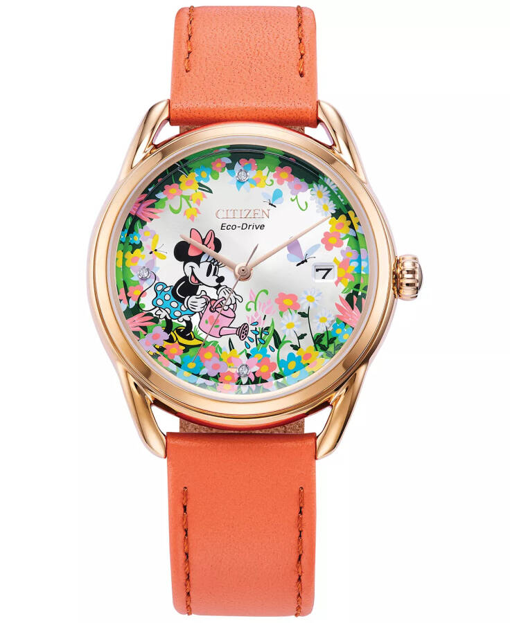 Часы Eco-Drive для женщин Disney Minnie Mouse с бриллиантовыми акцентами, розовый кожаный ремешок, 36 мм, розовый - 1