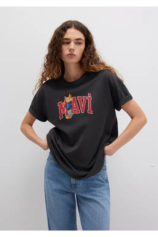 Cat Logo Printed Anthracite T-Shirt Loose Fit - MAVI