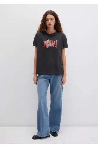 Cat Logo Printed Anthracite T-Shirt Loose Fit - MAVI (1)