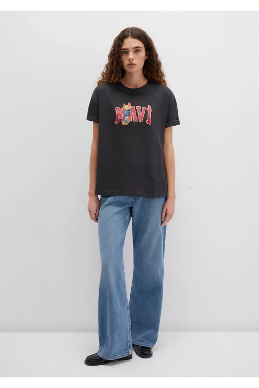 Cat Logo Printed Anthracite T-Shirt Loose Fit - 2