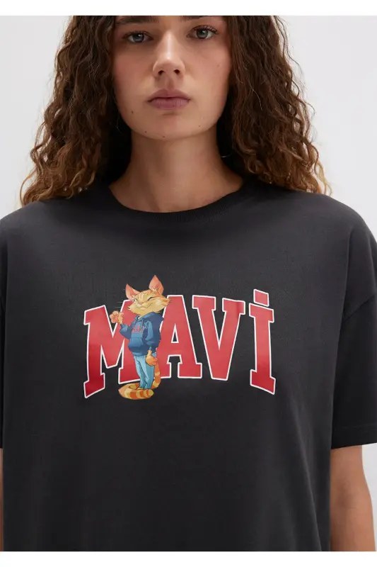 Cat Logo Printed Anthracite T-Shirt Loose Fit - 6