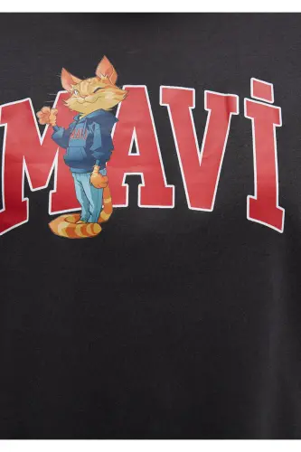 Cat Logo Printed Anthracite T-Shirt Loose Fit - 7