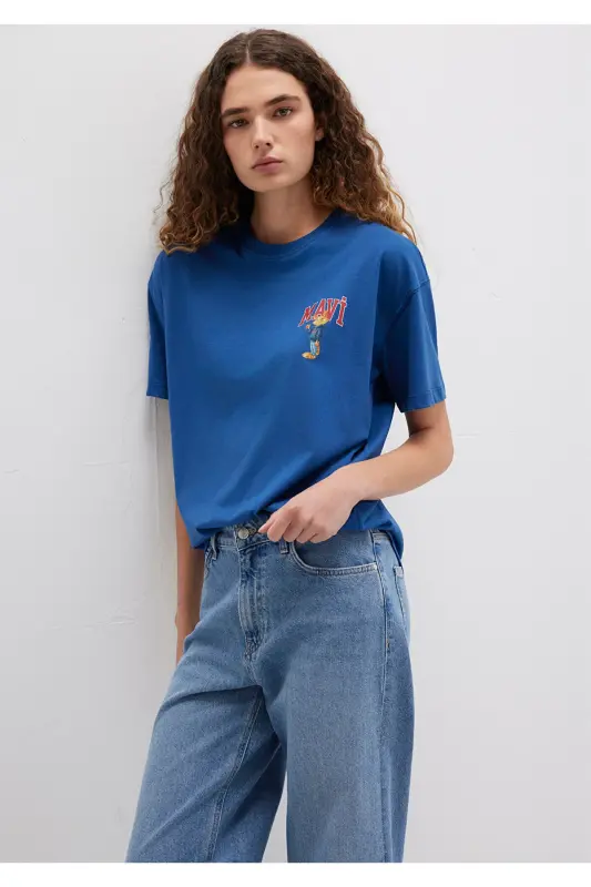 Cat Logo Printed Navy Blue T-Shirt Loose Fit - 2