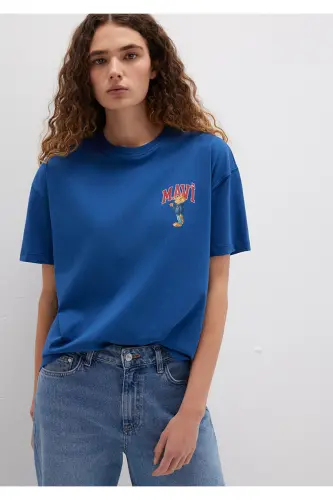 Cat Logo Printed Navy Blue T-Shirt Loose Fit - 3