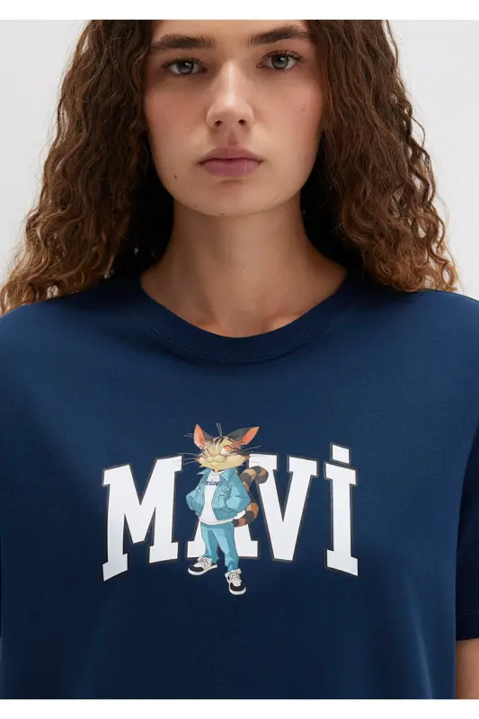 Cat Logo Printed Navy Blue T-Shirt Regular Fit / No - 5
