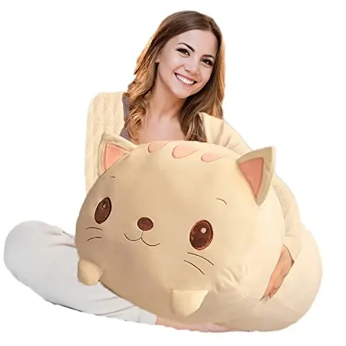 hitoshe Cat Plush Pillow, Soft White Cat Stuffed Animal Toy Cylindrical Body Pillow Gifts for Kids, 33.5