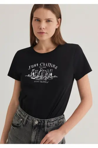 Cat Print Black T-Shirt Semi Slim Fit - 3