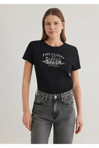 Cat Print Black T-Shirt Semi Slim Fit - 6