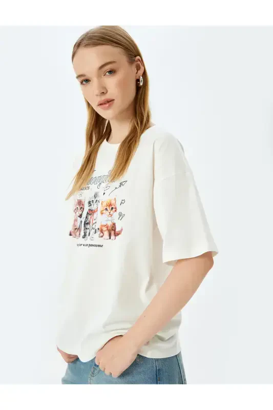Cat Print Crew Neck Oversize Short Sleeve Cotton T-Shirt - 1