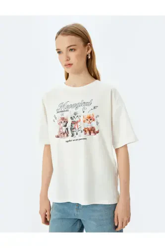 Cat Print Crew Neck Oversize Short Sleeve Cotton T-Shirt - 3