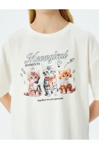 Cat Print Crew Neck Oversize Short Sleeve Cotton T-Shirt - 5