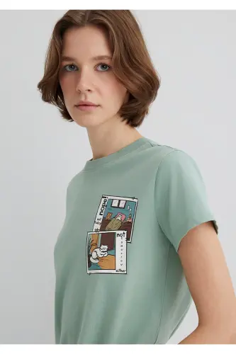 Cat Print Green T-Shirt SemiSlim Fit - 2