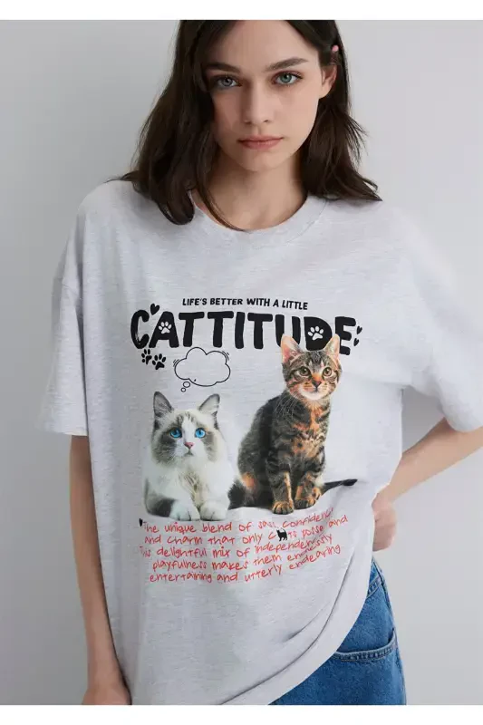 Cat Print Grey T-Shirt Loose Fit - MAVI