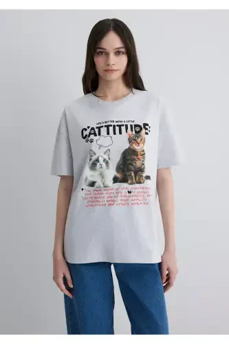 Cat Print Grey T-Shirt Loose Fit - 4