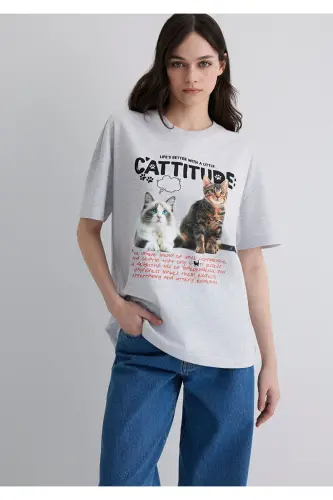 Cat Print Grey T-Shirt Loose Fit - 3