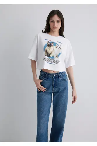 Cat Print White T-Shirt Crop / Short Cut 161309 - MAVI (1)
