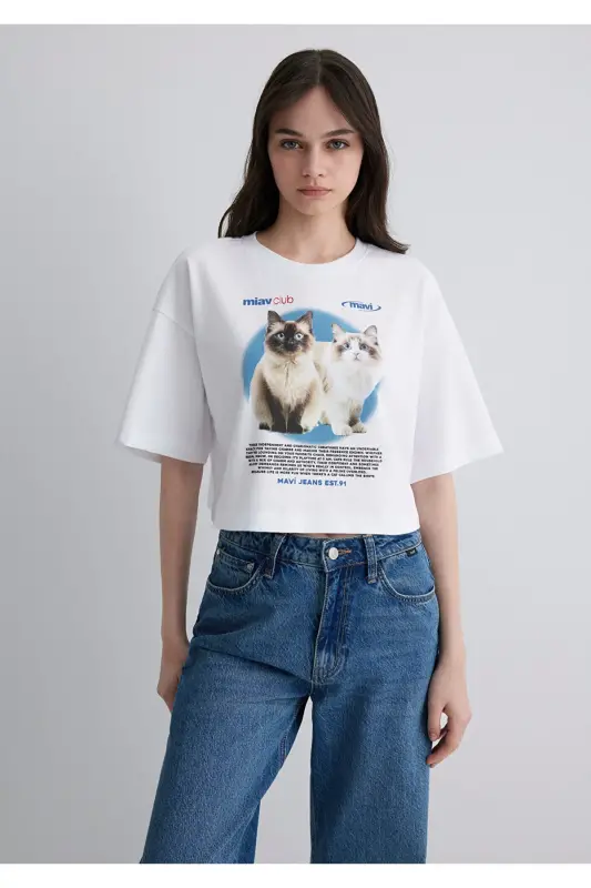 Cat Print White T-Shirt Crop / Short Cut 161309 - 4