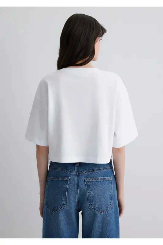 Cat Print White T-Shirt Crop / Short Cut 161309 - 5