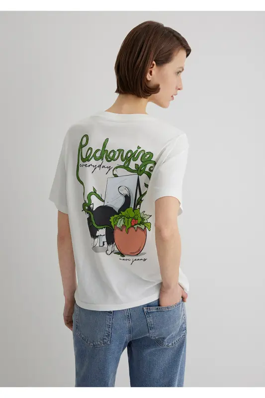 Cat Printed Ecru T-shirt Regular Fit - 2