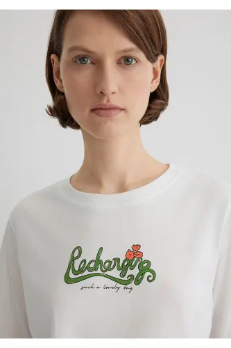 Cat Printed Ecru T-shirt Regular Fit - 5
