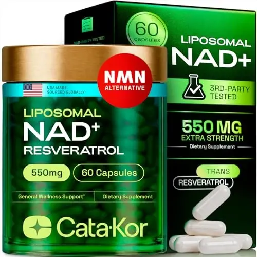 Cata-Kor NMNH qo'shimchasi Alternativa – Liposomal NAD + Resveratrol – 30 kunlik ta'minot – Energiya va sog'lom qarish uchun yuqori tozalikdagi NAD qo'shimchasi – 60 kapsula - CATA-KOR