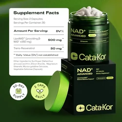 Cata-Kor NMNH qo'shimchasi Alternativa – Liposomal NAD + Resveratrol – 30 kunlik ta'minot – Energiya va sog'lom qarish uchun yuqori tozalikdagi NAD qo'shimchasi – 60 kapsula - 6