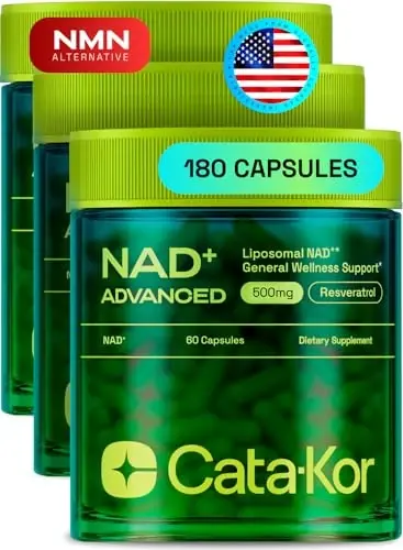 Cata-Kor Liposomal NAD Supplement with Resveratrol – NMN Supplement Alternative – 90-Day Supply – Third-Party Tested – 180 Capsules – Advanced NAD+ Resveratrol - Pack of 3 
