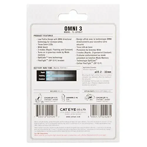 CATEYE Omni 3 Velosiped Xavfsizlik Chirog'i - IPX4 Suv o'tkazmaydigan 3 LED Xavfsizlik Chirog'i 360° Ko'rinish, Bir nechta Miltillovchi Rejimlar, AAA Batareyasi, 200+ Soat Ishlash Vaqti, Yo'l, Shahar, MTB & Bolalar Velosipedlariga mos keladi - 5